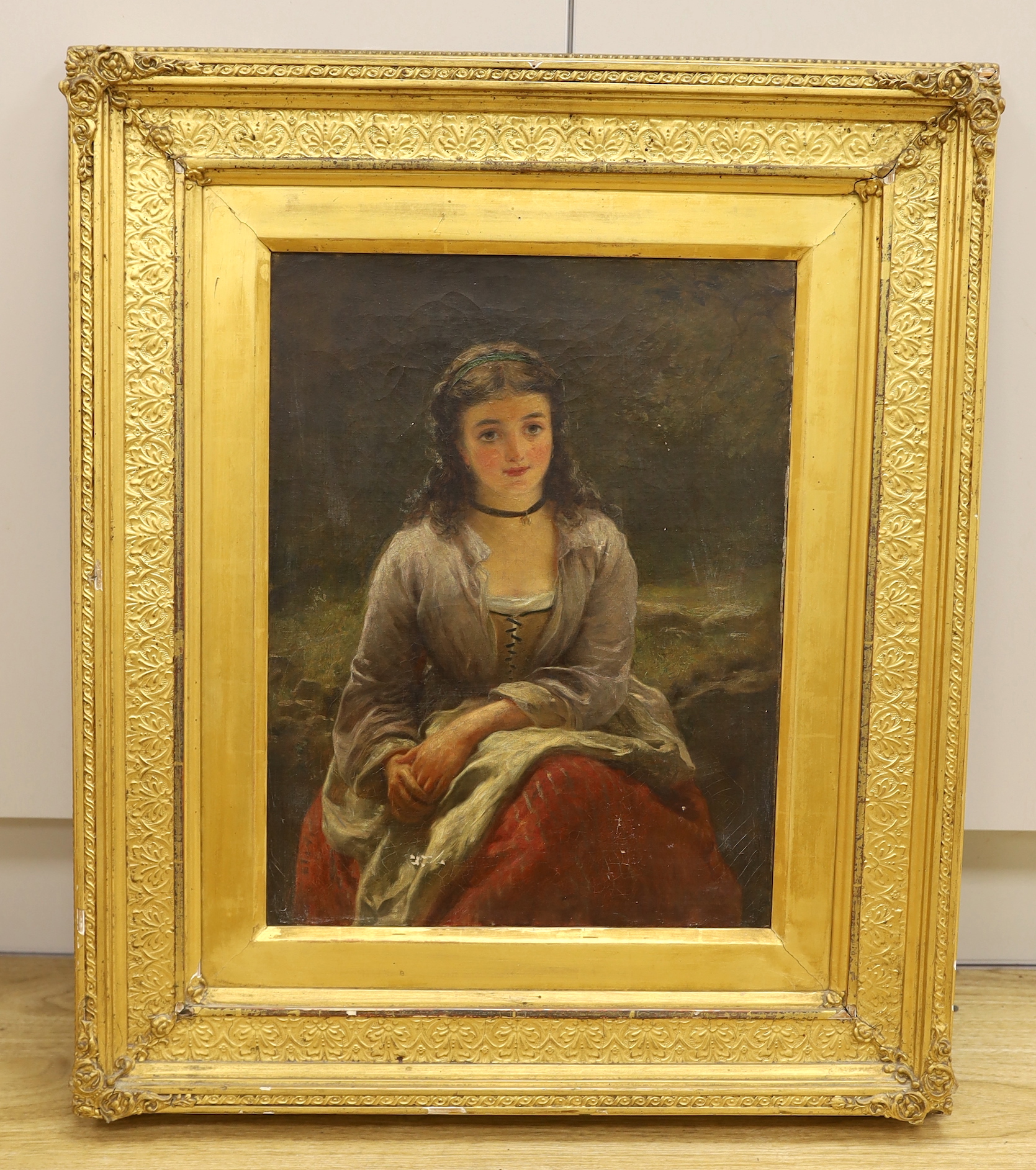 19th century School, oil on canvas, Three quarter length portrait of a seated lady, 42 x 32cm in ornate gilt frame